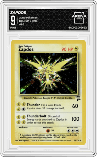 Zapdos from the 2000 Pokemon set graded by Arena Club and given an overall grade of 9.