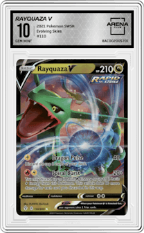 Rayquaza V from the 2021 Pokemon SWSH set graded by Arena Club and given an overall grade of 10.