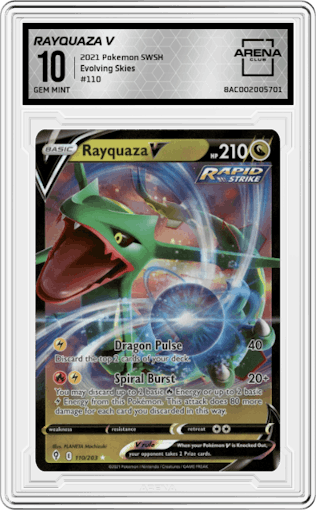 Rayquaza V from the 2021 Pokemon SWSH set graded by Arena Club and given an overall grade of 10.