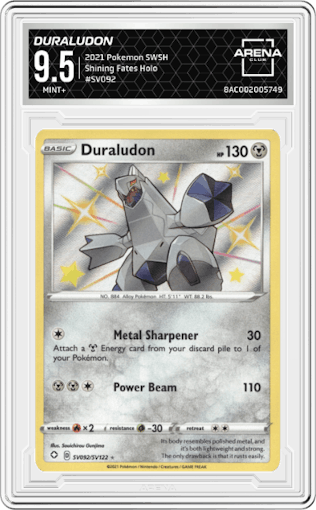 Duraludon from the 2021 Pokemon SWSH set graded by Arena Club and given an overall grade of 9.5.