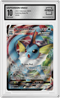 Vaporeon VMAX from the 2021 Pokemon SWSH set graded by Arena Club and given an overall grade of 10.