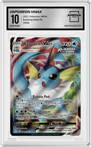 Vaporeon VMAX from the 2021 Pokemon SWSH set graded by Arena Club and given an overall grade of 10.
