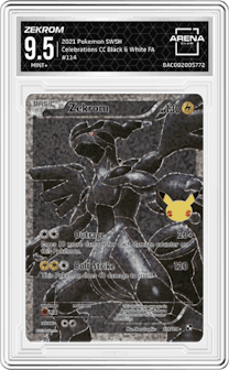 Zekrom from the 2021 Pokemon SWSH set featuring a Black & White parallel graded by Arena Club and given an overall grade of 9.5.