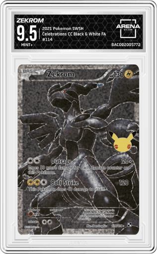 Zekrom from the 2021 Pokemon SWSH set featuring a Black & White parallel graded by Arena Club and given an overall grade of 9.5.