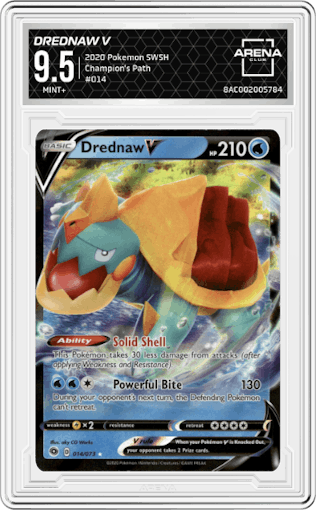 Drednaw V from the 2020 Pokemon SWSH set graded by Arena Club and given an overall grade of 9.5.