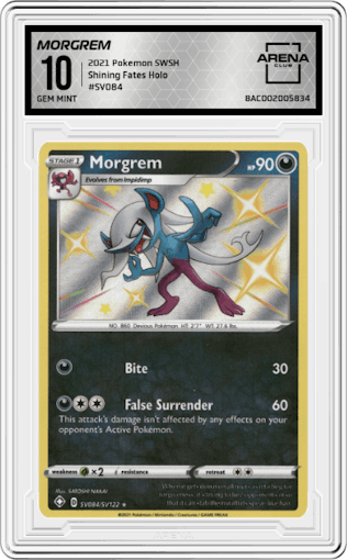 Morgrem from the 2021 Pokemon SWSH set graded by Arena Club and given an overall grade of 10.