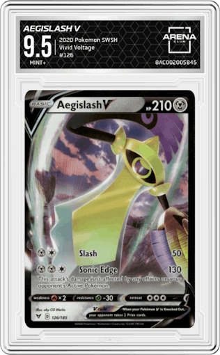 Aegislash V from the 2020 Pokemon SWSH set graded by Arena Club and given an overall grade of 9.5.