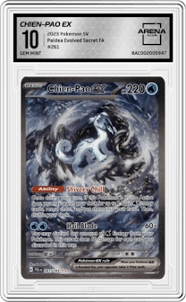 Chien-Pao ex from the 2023 Pokemon SV set graded by Arena Club and given an overall grade of 10.