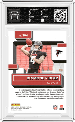 Desmond Ridder from the 2022 Panini Donruss set featuring a Press Proof Yellow parallel graded by Arena Club and given an overall grade of 9.5.