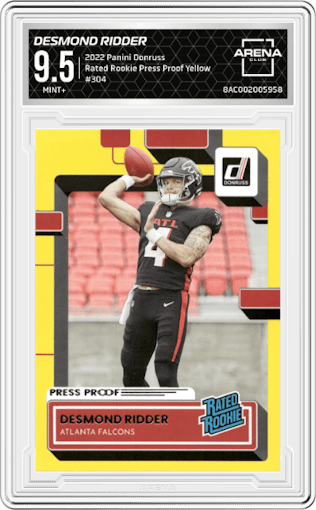 Desmond Ridder from the 2022 Panini Donruss set featuring a Press Proof Yellow parallel graded by Arena Club and given an overall grade of 9.5.