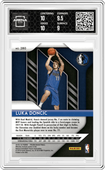 Luka Doncic from the 2018-19 Panini Prizm set graded by Arena Club and given an overall grade of 9.5.