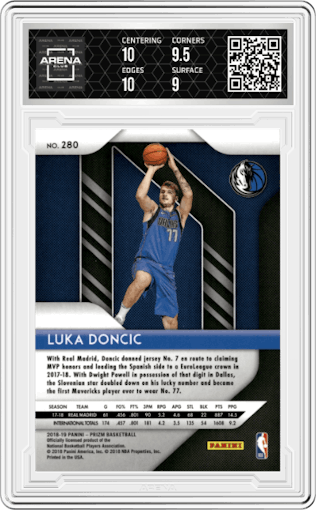 Luka Doncic from the 2018-19 Panini Prizm set graded by Arena Club and given an overall grade of 9.5.