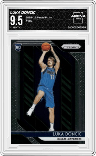 Luka Doncic from the 2018-19 Panini Prizm set graded by Arena Club and given an overall grade of 9.5.