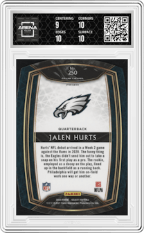 Jalen Hurts from the 2020 Panini Select set featuring a Die-Cut Red parallel graded by Arena Club and given an overall grade of 9.5.