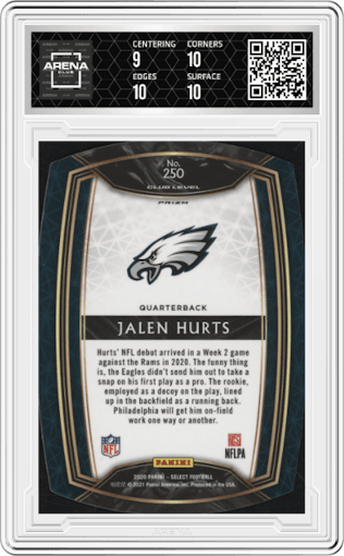 Jalen Hurts from the 2020 Panini Select set featuring a Die-Cut Red parallel graded by Arena Club and given an overall grade of 9.5.