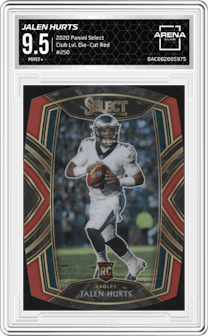 Jalen Hurts from the 2020 Panini Select set featuring a Die-Cut Red parallel graded by Arena Club and given an overall grade of 9.5.
