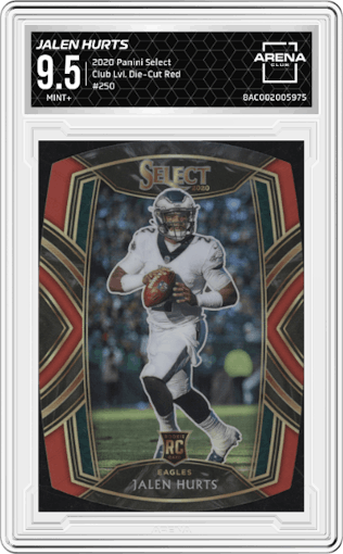 Jalen Hurts from the 2020 Panini Select set featuring a Die-Cut Red parallel graded by Arena Club and given an overall grade of 9.5.