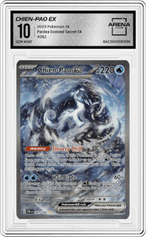Chien-Pao ex from the 2023 Pokemon SV set graded by Arena Club and given an overall grade of 10.