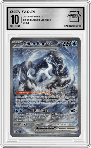 Chien-Pao ex from the 2023 Pokemon SV set graded by Arena Club and given an overall grade of 10.