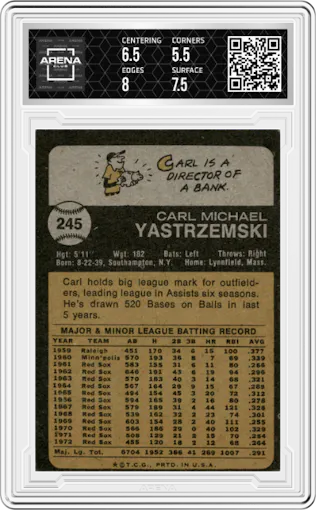 Carl Yastrzemski from the 1973 Topps set graded by Arena Club and given an overall grade of 6.