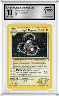 Lt. Surge's Magneton from the 2000 Pokemon GH set graded by Arena Club and given an overall grade of 10.