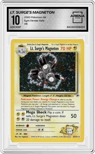Lt. Surge's Magneton from the 2000 Pokemon GH set graded by Arena Club and given an overall grade of 10.