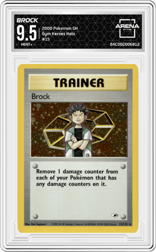 Brock from the 2000 Pokemon GH set graded by Arena Club and given an overall grade of 9.5.