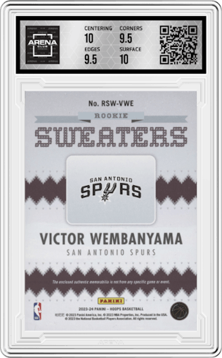 Victor Wembanyama from the 2023-24 Panini NBA Hoops set graded by Arena Club and given an overall grade of 10.