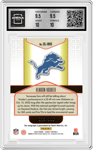 Hendon Hooker from the 2023 Panini Legacy set featuring a Bronze parallel graded by Arena Club and given an overall grade of 10.
