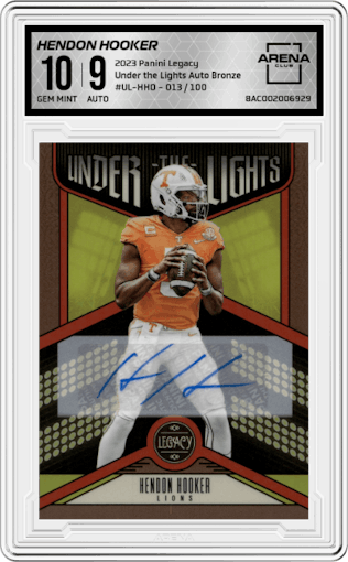 Hendon Hooker from the 2023 Panini Legacy set featuring a Bronze parallel graded by Arena Club and given an overall grade of 10.