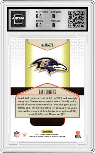  Zay Flowers from the 2023 Panini Legacy set featuring a Silver parallel graded by Arena Club and given an overall grade of 10.