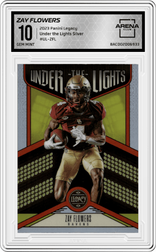  Zay Flowers from the 2023 Panini Legacy set featuring a Silver parallel graded by Arena Club and given an overall grade of 10.