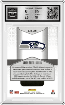Jaxon Smith-Njigba from the 2023 Panini Legacy set featuring a Black & White parallel graded by Arena Club and given an overall grade of 10.