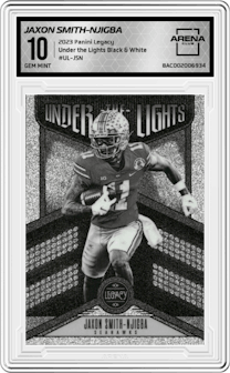 Jaxon Smith-Njigba from the 2023 Panini Legacy set featuring a Black & White parallel graded by Arena Club and given an overall grade of 10.