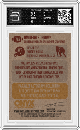 Amon-Ra St. Brown from the 2021 Onyx Vintage set featuring a Red parallel graded by Arena Club and given an overall grade of 8.5.
