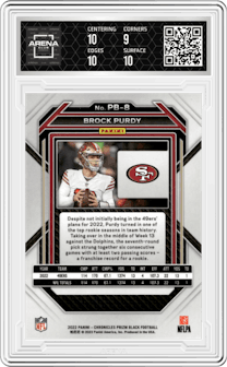 Brock Purdy from the 2022 Panini Chronicles set graded by Arena Club and given an overall grade of 9.5.