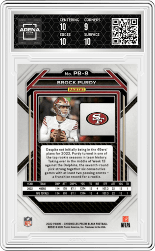 Brock Purdy from the 2022 Panini Chronicles set graded by Arena Club and given an overall grade of 9.5.