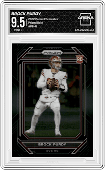 Brock Purdy from the 2022 Panini Chronicles set graded by Arena Club and given an overall grade of 9.5.