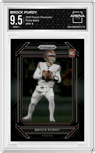 Brock Purdy from the 2022 Panini Chronicles set graded by Arena Club and given an overall grade of 9.5.