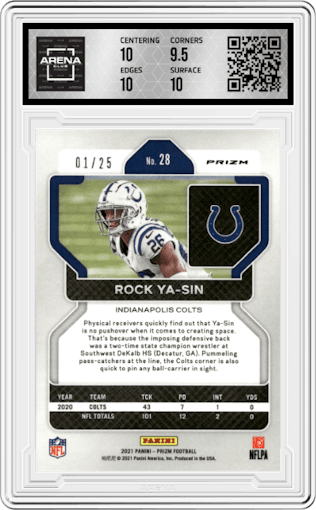 Rock Ya-Sin from the 2021 Panini Prizm set featuring a Navy Camo  parallel graded by Arena Club and given an overall grade of 10.