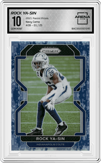 Rock Ya-Sin from the 2021 Panini Prizm set featuring a Navy Camo  parallel graded by Arena Club and given an overall grade of 10.