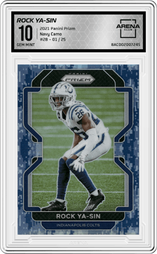 Rock Ya-Sin from the 2021 Panini Prizm set featuring a Navy Camo  parallel graded by Arena Club and given an overall grade of 10.