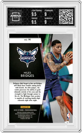 Miles Bridges from the 2018-19 Panini Prizm set graded by Arena Club and given an overall grade of 9.5.