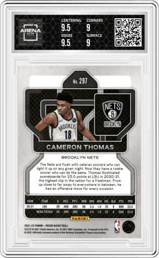 Cameron Thomas from the 2021-22 Panini Prizm  set graded by Arena Club and given an overall grade of 9.5.
