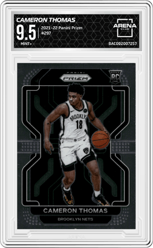 Cameron Thomas from the 2021-22 Panini Prizm  set graded by Arena Club and given an overall grade of 9.5.