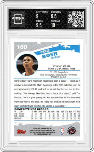 Chris Bosh from the 2005-06 Topps set graded by Arena Club and given an overall grade of 9.5.