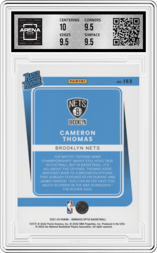 Cameron Thomas from the 2021-22 Panini Donruss Optic set graded by Arena Club and given an overall grade of 10.