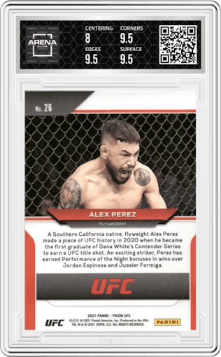 Alex Perez from the 2021 Panini Prizm UFC set graded by Arena Club and given an overall grade of 8.5.