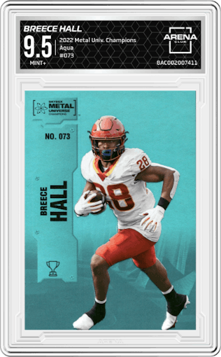 Breece Hall from the 2022 Skybox Metal Universe Champions Multi-Sport set featuring a Aqua parallel graded by Arena Club and given an overall grade of 9.5.
