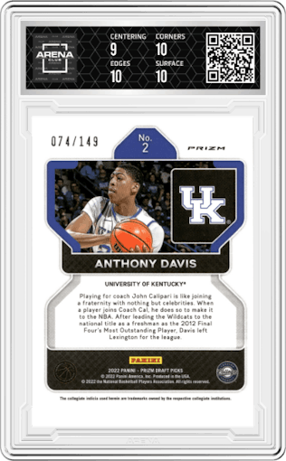 Anthony Davis from the 2022-23 Panini Prizm Draft Picks set featuring a Purple Ice parallel graded by Arena Club and given an overall grade of 9.5.
